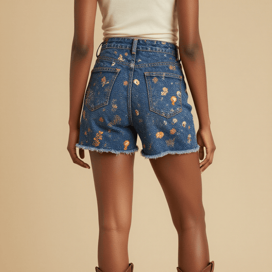 Warm Bulb Calico Denim Shorts – Back View – Amara – Indigo / Warm Copper / Trail Bone