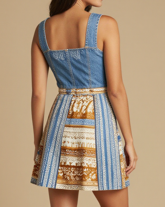 Fairground Bulb Stripe Structured Mini Dress – Back View – Jessie – Indigo / Copper / Trail Bone