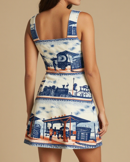 Train Station Farewell Structured Mini Dress – Back View – Riley – Cream / Indigo / Terracotta