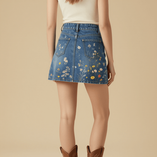 Open Air Bloom Denim Mini Skirt – Back View – Riley – Faded Indigo / Wildflower Multi