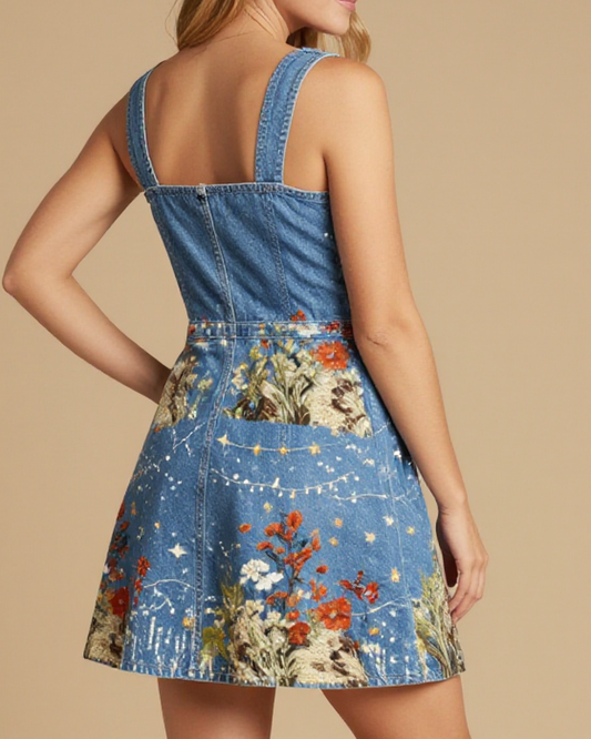 Backroad Lantern Tune Structured Mini Dress – Back View – Riley – Indigo / Copper / Trail Bone