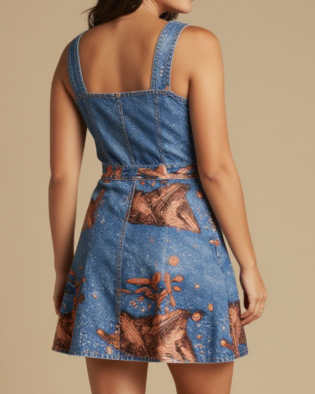 Copper Firefly Ticking Structured Mini Dress – Back View – Jessie – Indigo / Copper / Trail Bone