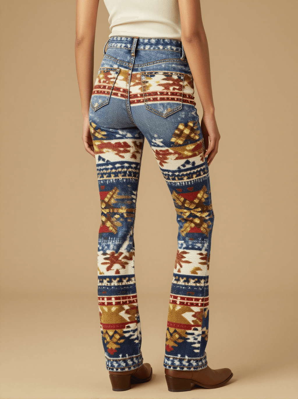 Trade Blanket Classic Bootcut Jeans – Back View – Jessie – Cream / Terracotta / Indigo / Gold