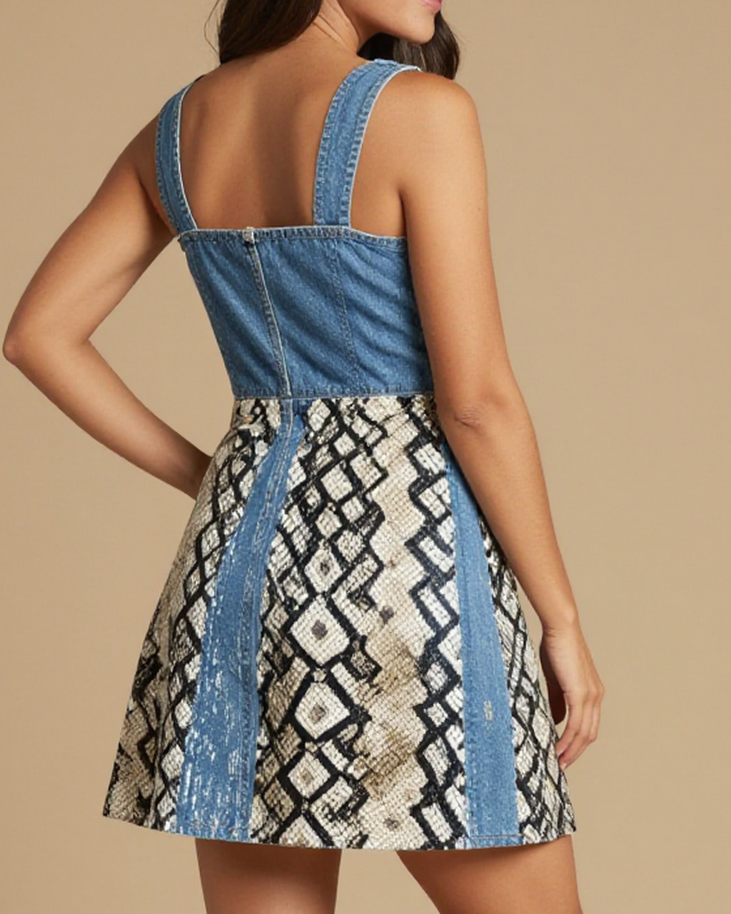 Rattlesnake Diamond Structured Mini Dress – Back View – Jessie – Blue Denim
