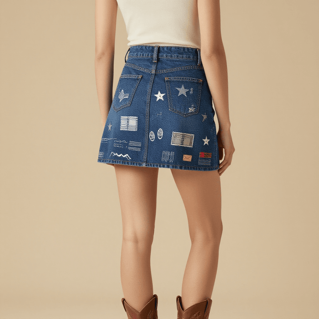 Star Route Denim Mini Skirt – Back View – Jessie