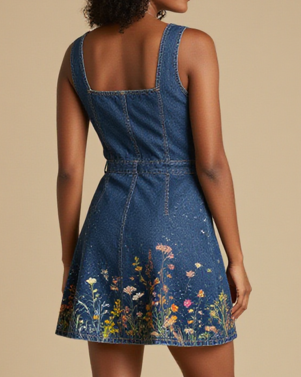 Open Air Bloom Structured Mini Dress – Back View – Amara – Faded Indigo / Wildflower Multi