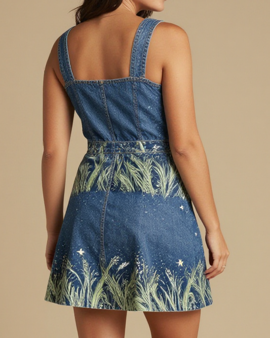 Stargrass Rhythm Structured Mini Dress – Back View – Jessie – Indigo / Sage / Copper