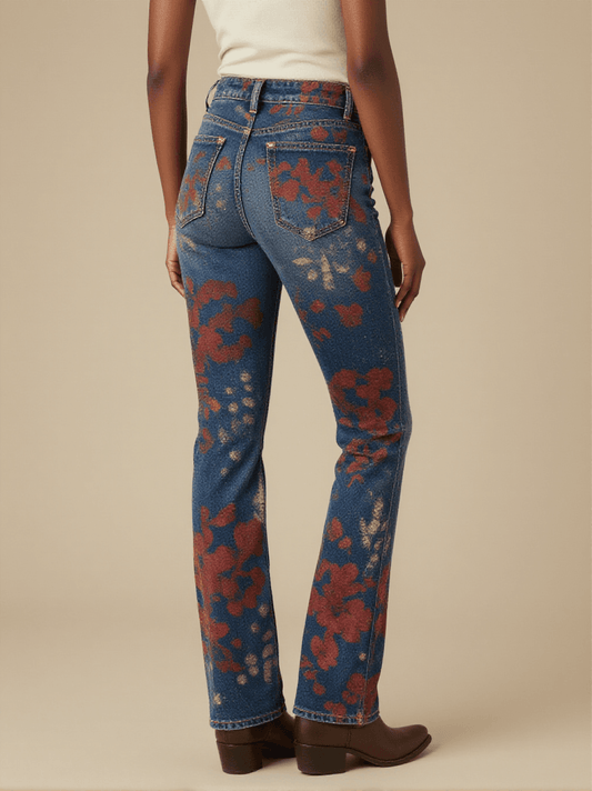 Indigo Flower Cloud Bootcut Jeans – Back View – Amara – Dark Indigo / Roan Red / Trail Bone