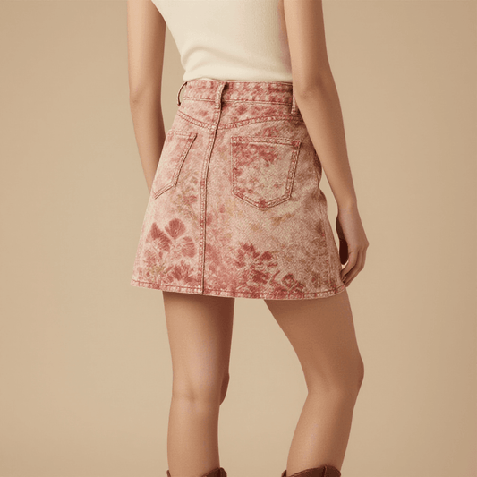 Ghost Prairie Bloom Denim Mini Skirt – Back View – Riley – Light Wash / Faded Cream / Roan Red