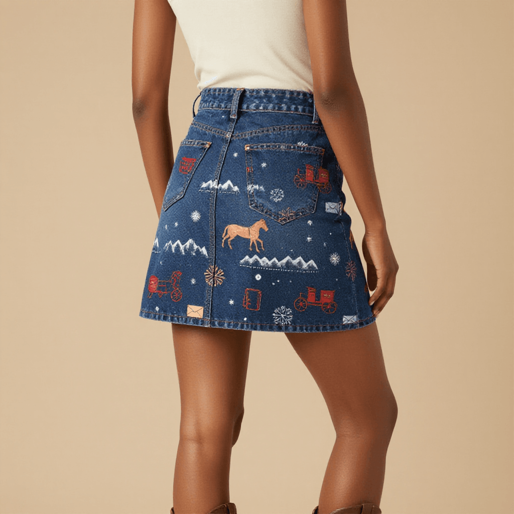 Stagecoach Mary's Route Denim Mini Skirt – Back View – Amara