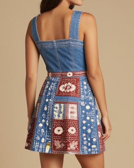Two Step Petals Structured Mini Dress – Back View – Jessie – Indigo / Sage / Copper