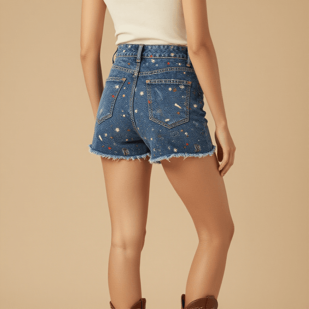 Dance Floor Boots Denim Shorts – Back View – Mara – Indigo / Copper / Red