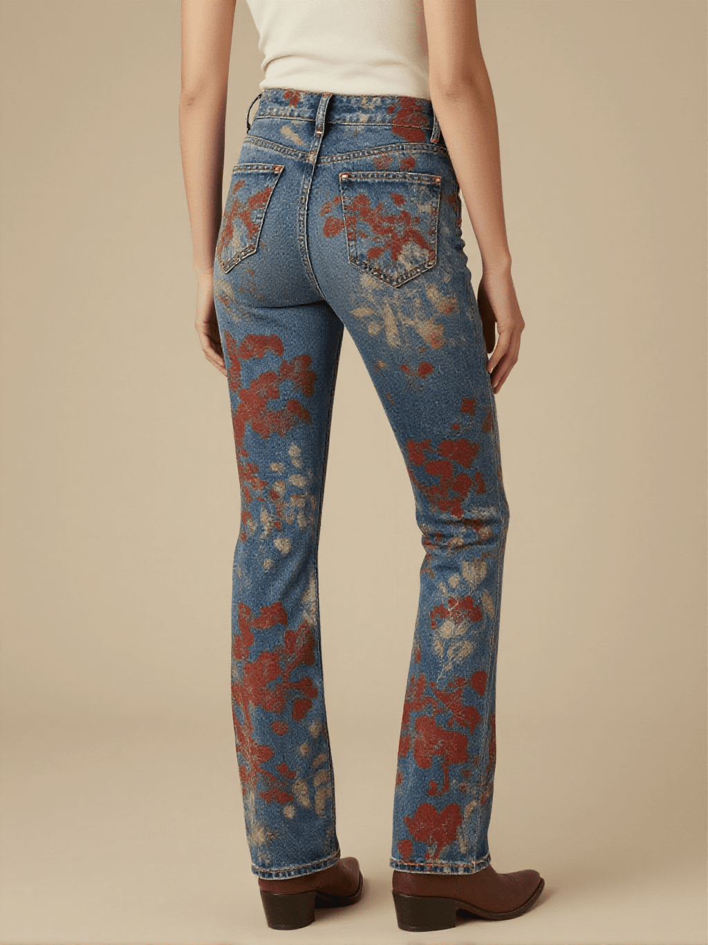 Rust Brocade Roan Bootcut Jeans – Back View – Riley – Weathered Indigo / Roan Red / Trail Bone