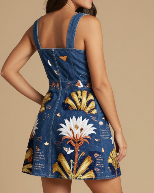 Nocturnal Bloom Cabinet Structured Mini Dress – Back View – Jessie – Midnight Indigo / Cream / Gold