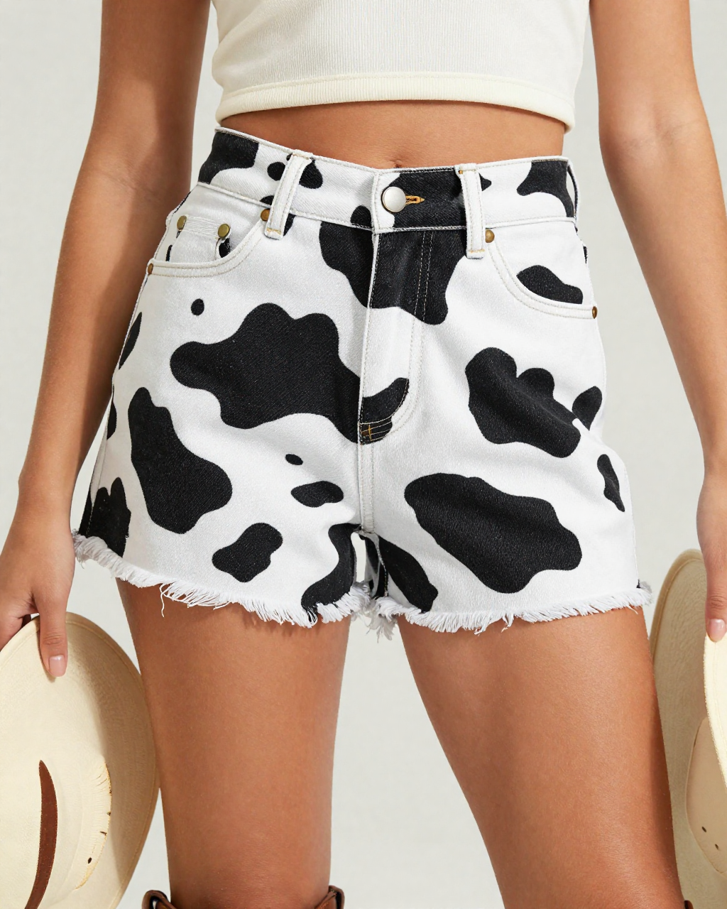 Black Cow Bold Denim Shorts – Front View – Jessie – Black / White
