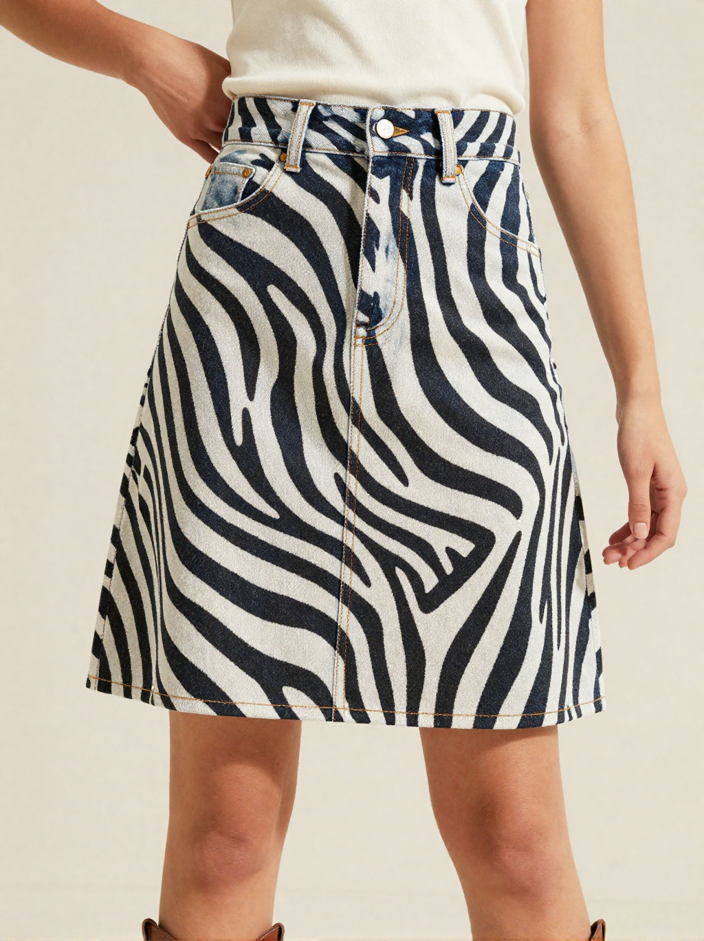 Wild Stripe Denim Mini Skirt – Front View – Jessie – Black / Off-White