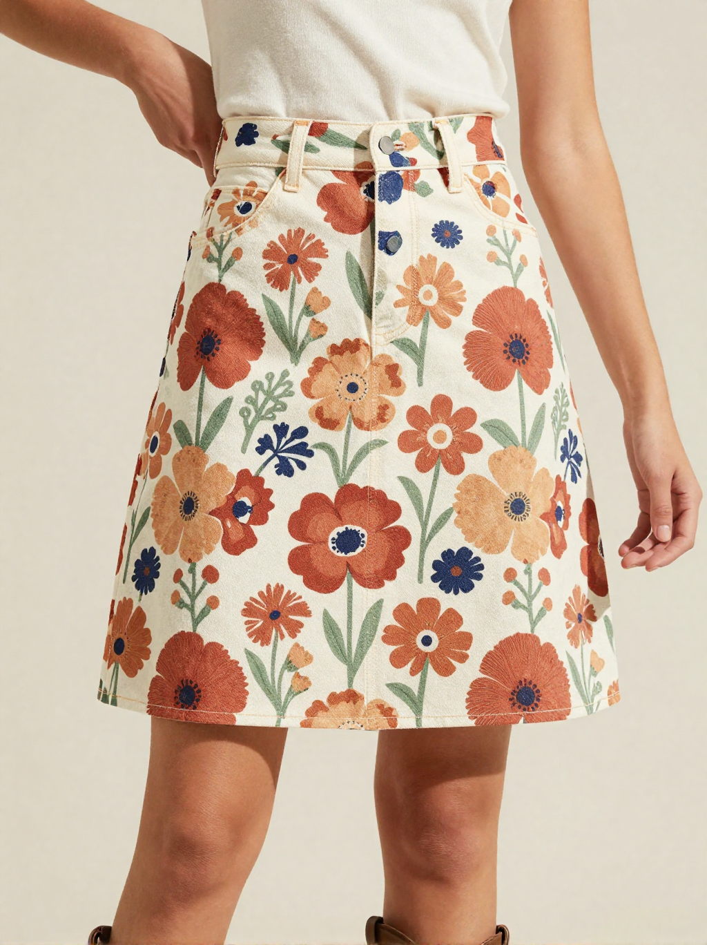 Prairie Poppy Denim Mini Skirt – Front View – Jessie – Red / Green / Cream