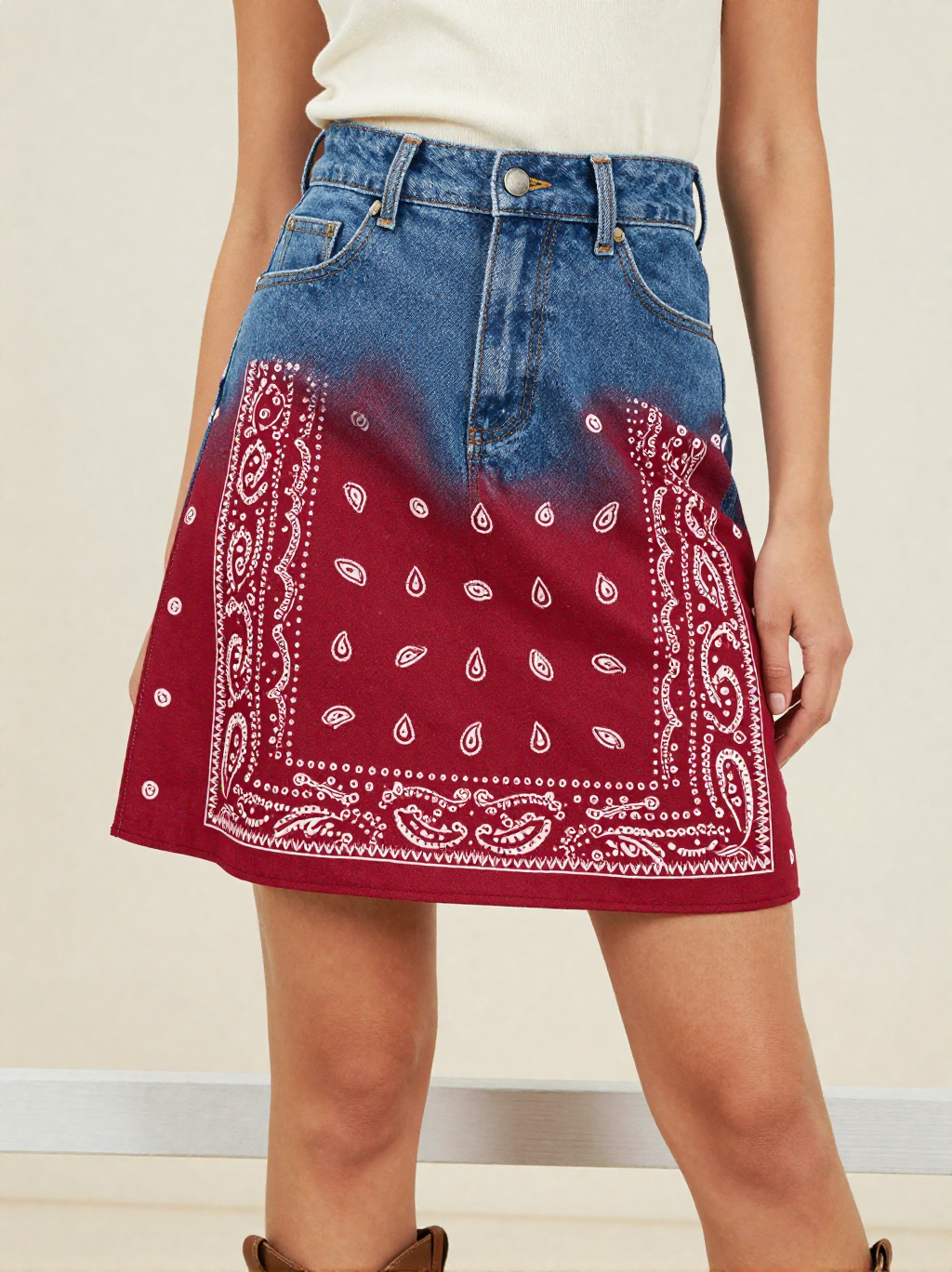 Classic Red Bandana Denim Mini Skirt – Front View – Jessie – Red / White