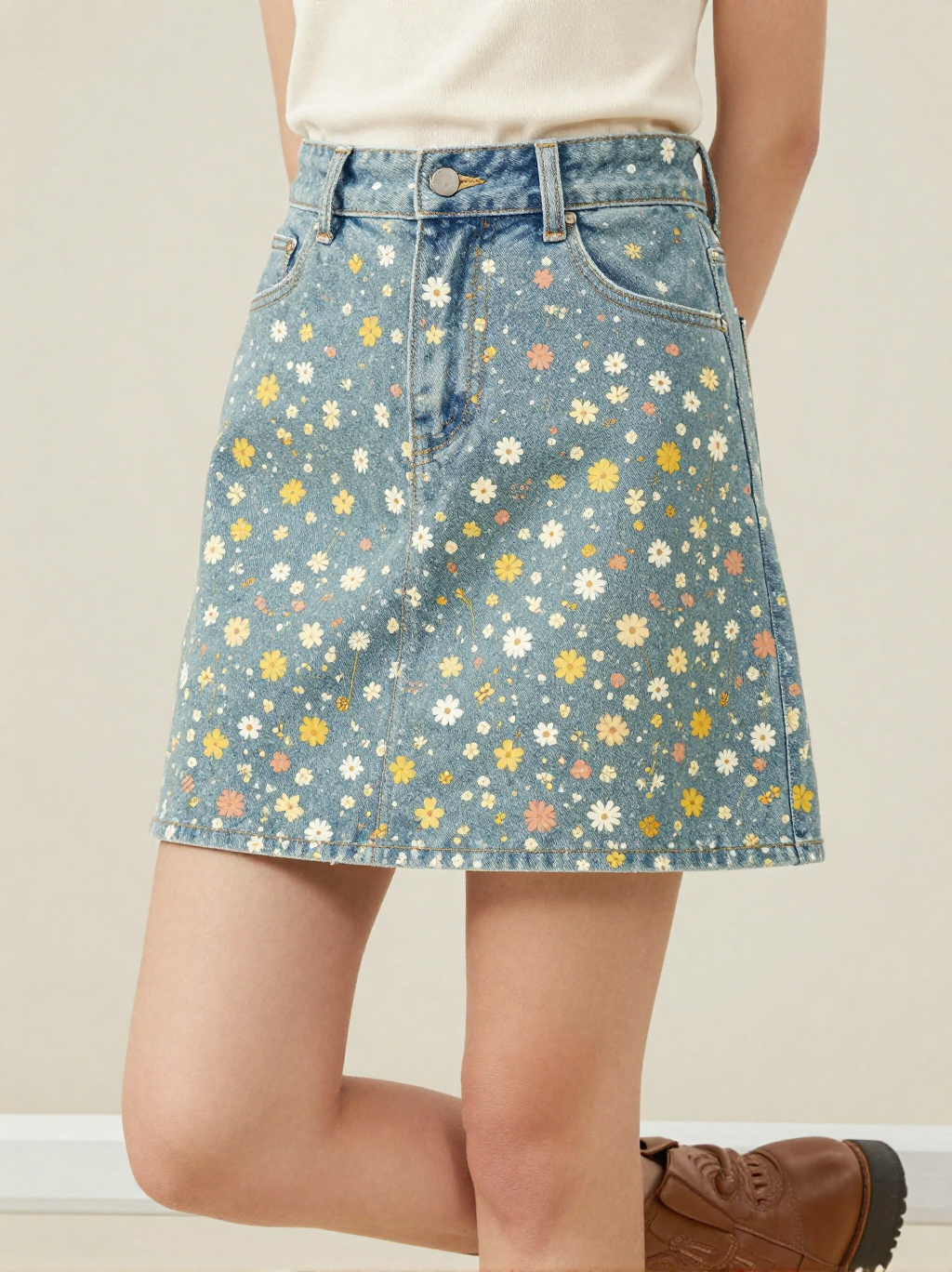 Wildflower Scatter Denim Mini Skirt – Front View – Jessie – Multi / Sage