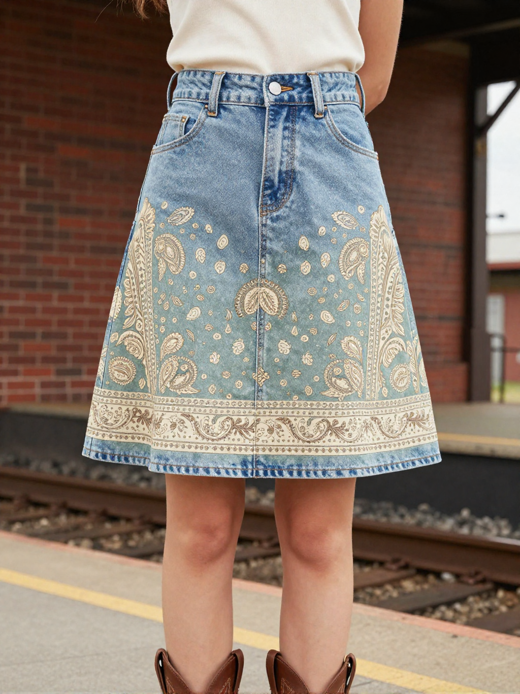 Sage Boho Bandana Denim Mini Skirt – Front View – Jessie – Sage / Cream