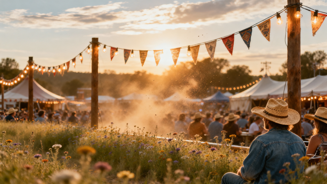 Summer country music festival grounds at golden hour — string lights wildflowers and straw hats