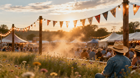 Summer country music festival grounds at golden hour — string lights wildflowers and straw hats