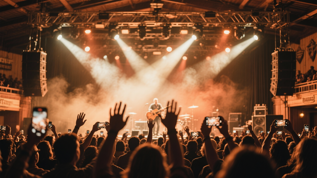 Indoor arena concert scene at night — stage spotlight beams and crowd hands silhouetted in warm light