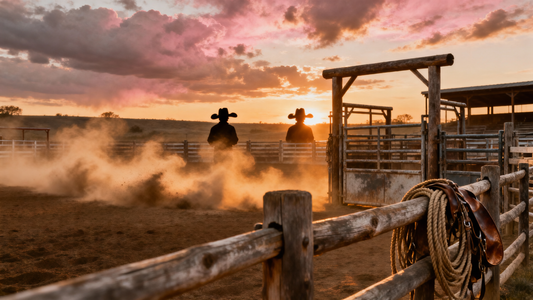 Rodeo arena at golden hour — dust and cowboy hat silhouettes against a copper sunset sky