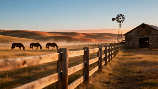 Western ranch landscape at golden hour — wooden fence line horses and windmill in warm earth tones