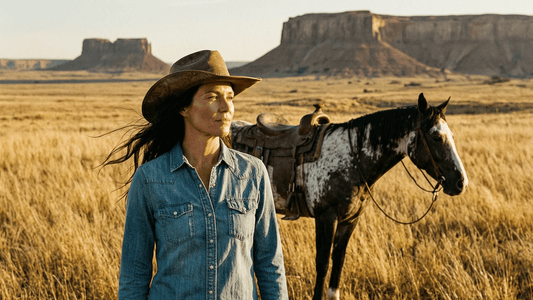 Roanbloom western style — golden hour editorial with printed denim and cowboy boots