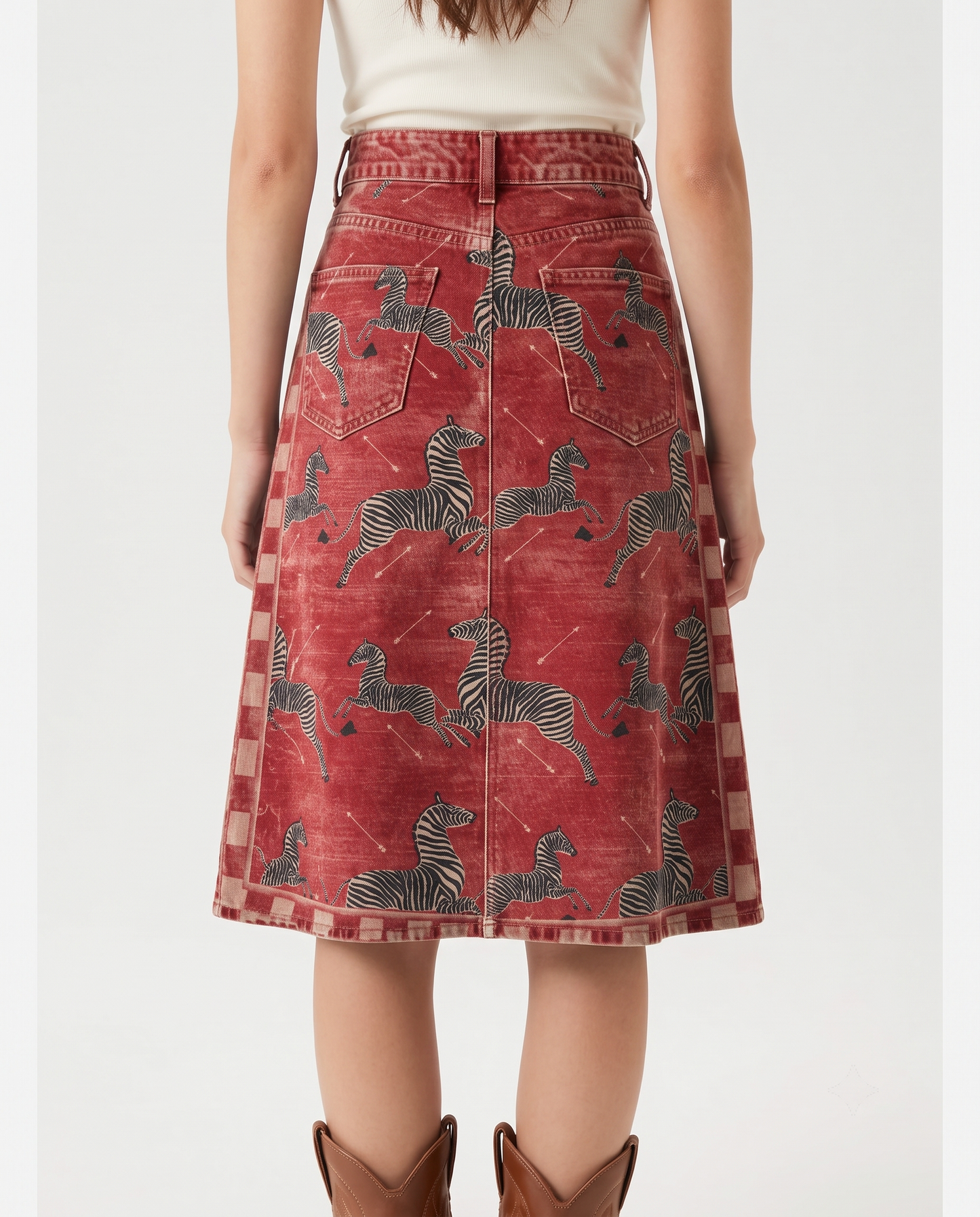 Zebras Western Denim Knee-Length Skirt