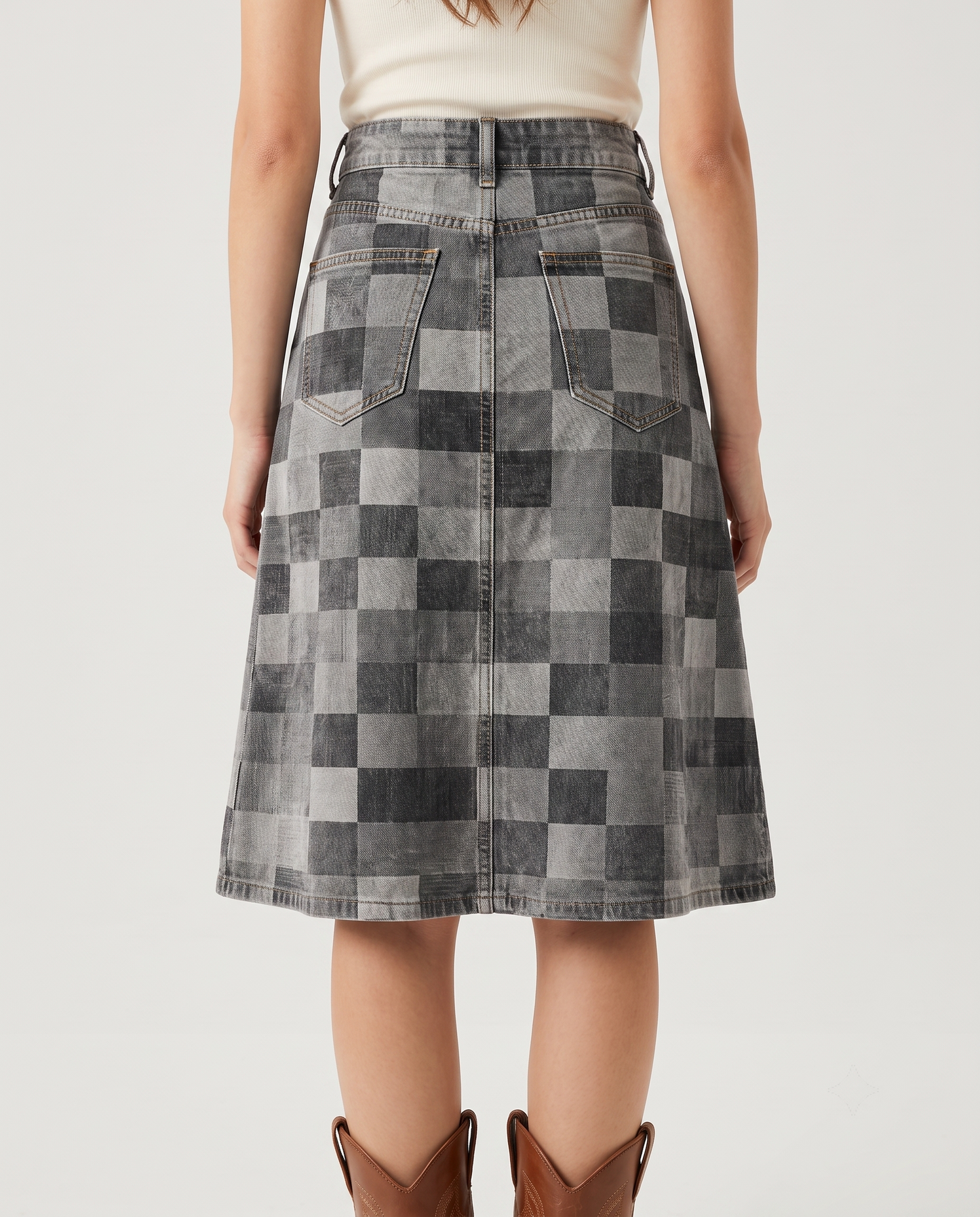 Denim Geometric Western Denim Knee-Length Skirt
