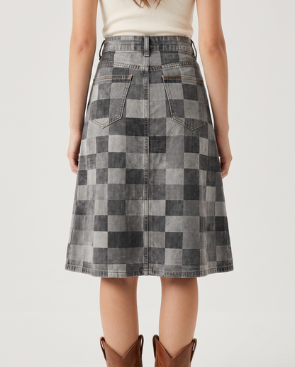 Denim Geometric Western Denim Knee-Length Skirt