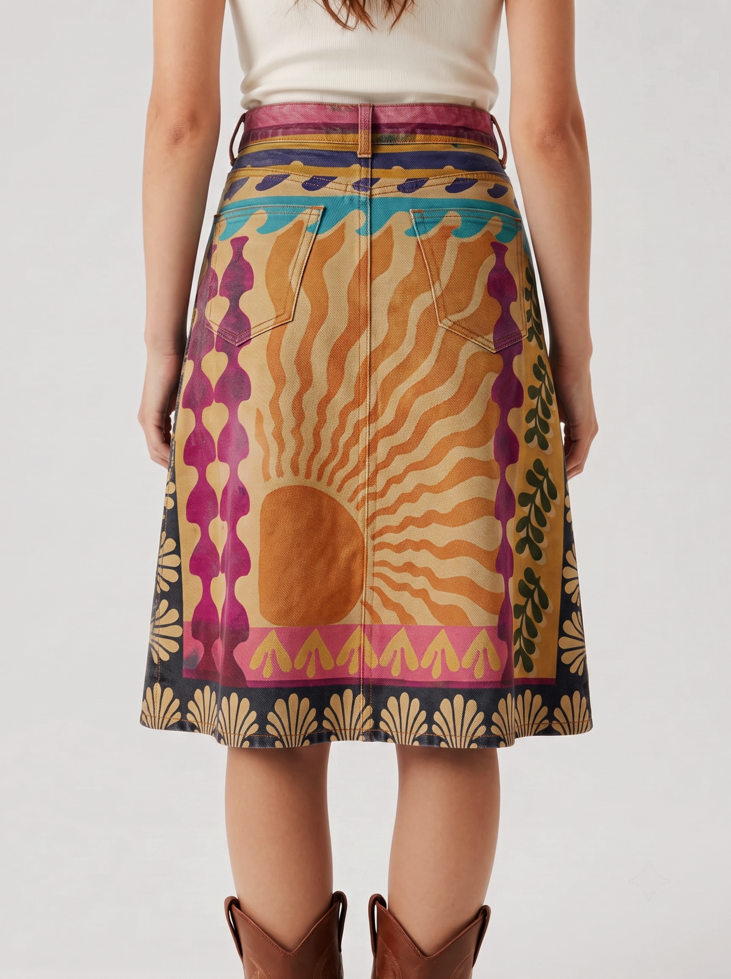 Mesa Spur RB-SKT03 – Back View – Riley – Multicolor with dominant earthy tones including mustard yellow, terracotta, magenta, teal, and black