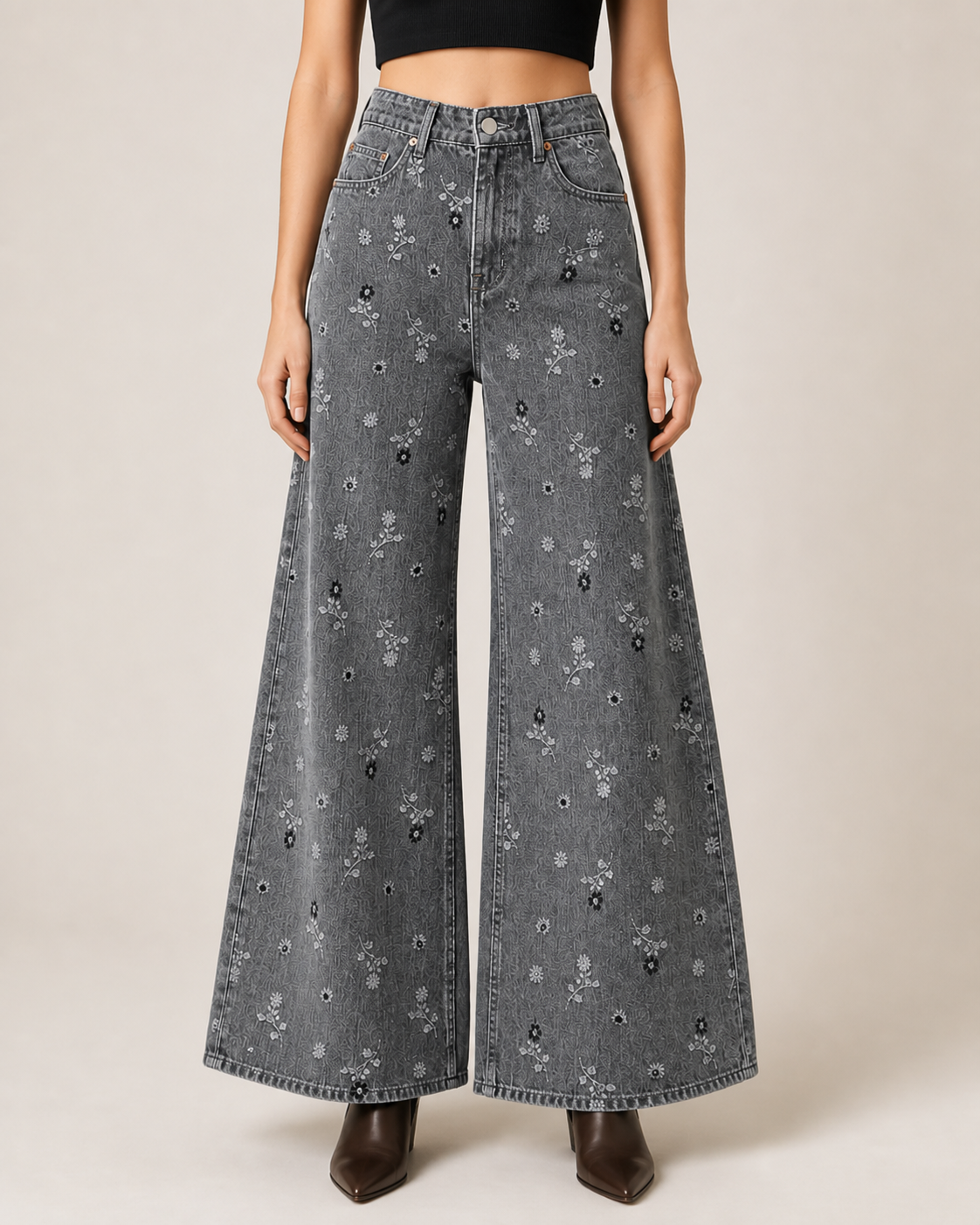 Prairie Bloom Gray Wide-Leg Jeans
