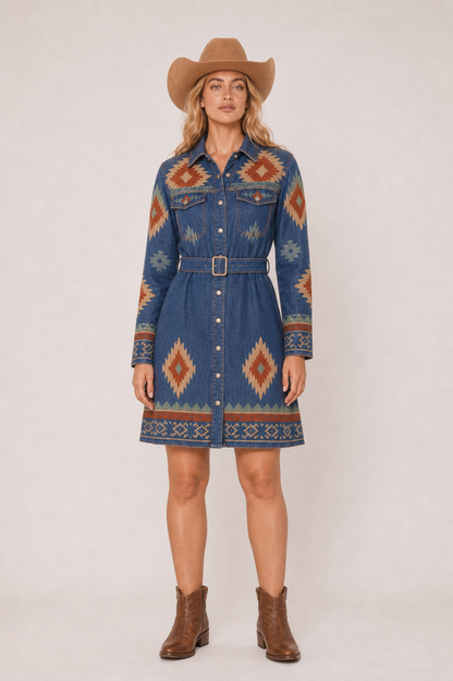 Desert Mirage Denim Geometric Tribal Belted Shirt Dress