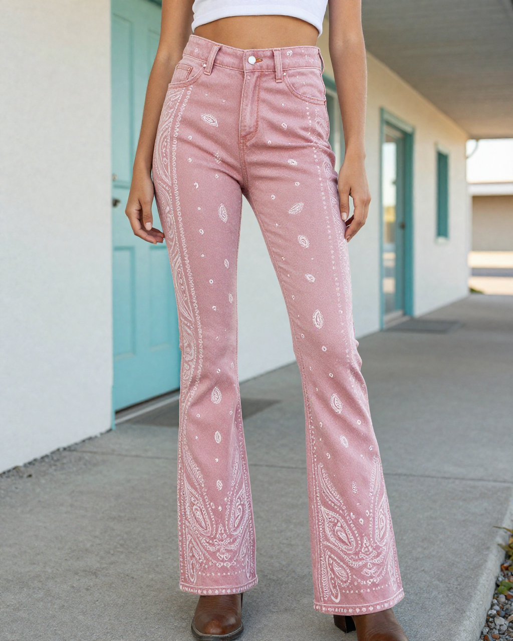 Dusty Pink Bandana Bootcut Jeans - front view