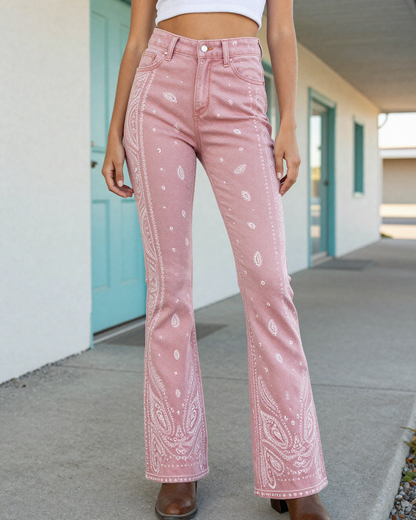 Dusty Pink Bandana Bootcut Jeans - front view
