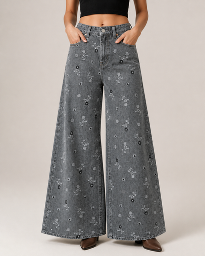 Prairie Bloom Gray Wide-Leg Jeans