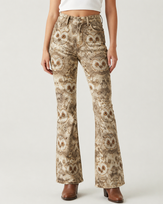 Owl Creek Flare Bootcut Jeans – Front View – Riley – earth tone wash with beige, brown, and tan hues