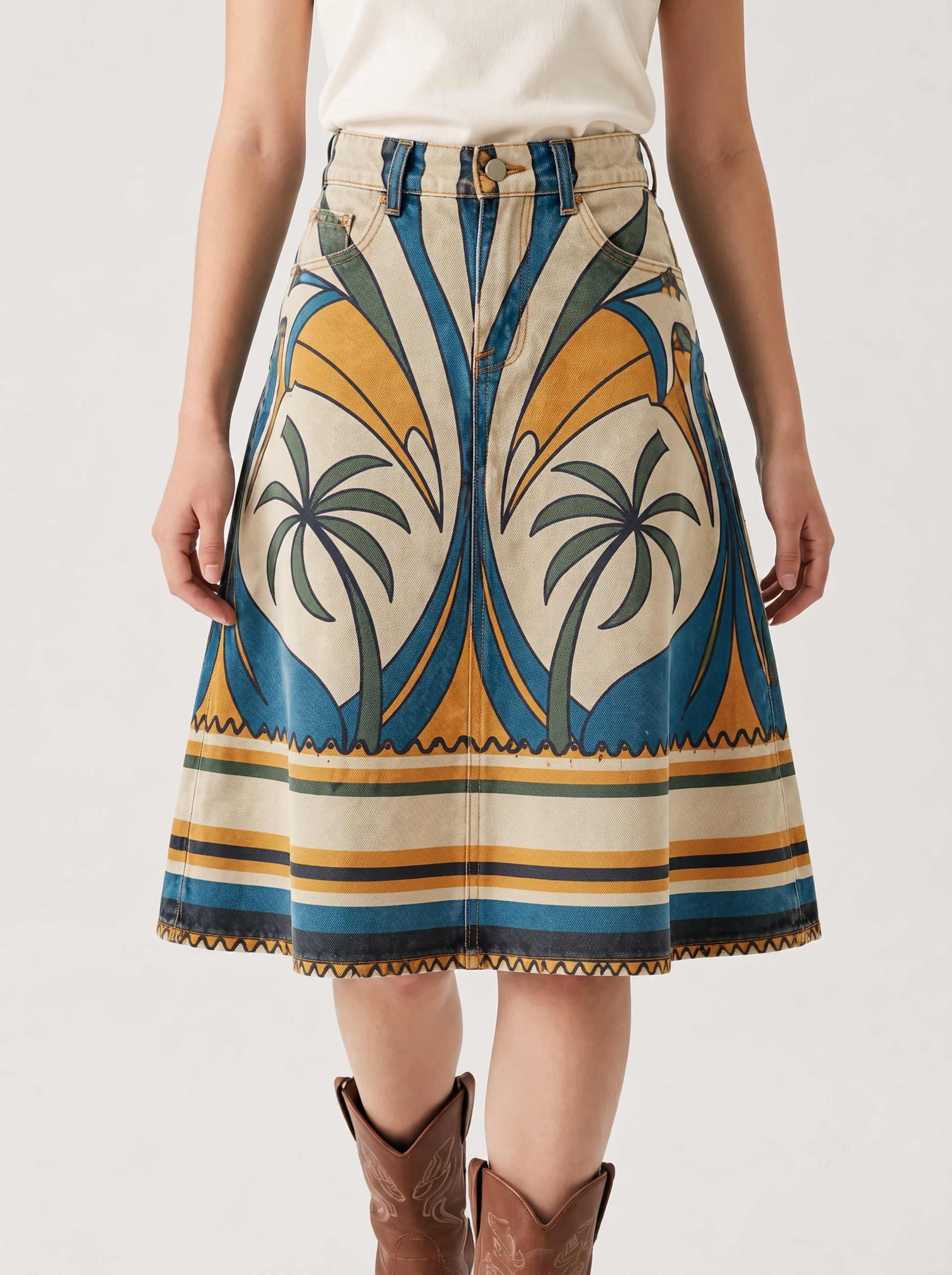 Mesa Lariat Cream RB-SKT03 – Front View – Riley – cream with blue, mustard yellow, and green accents