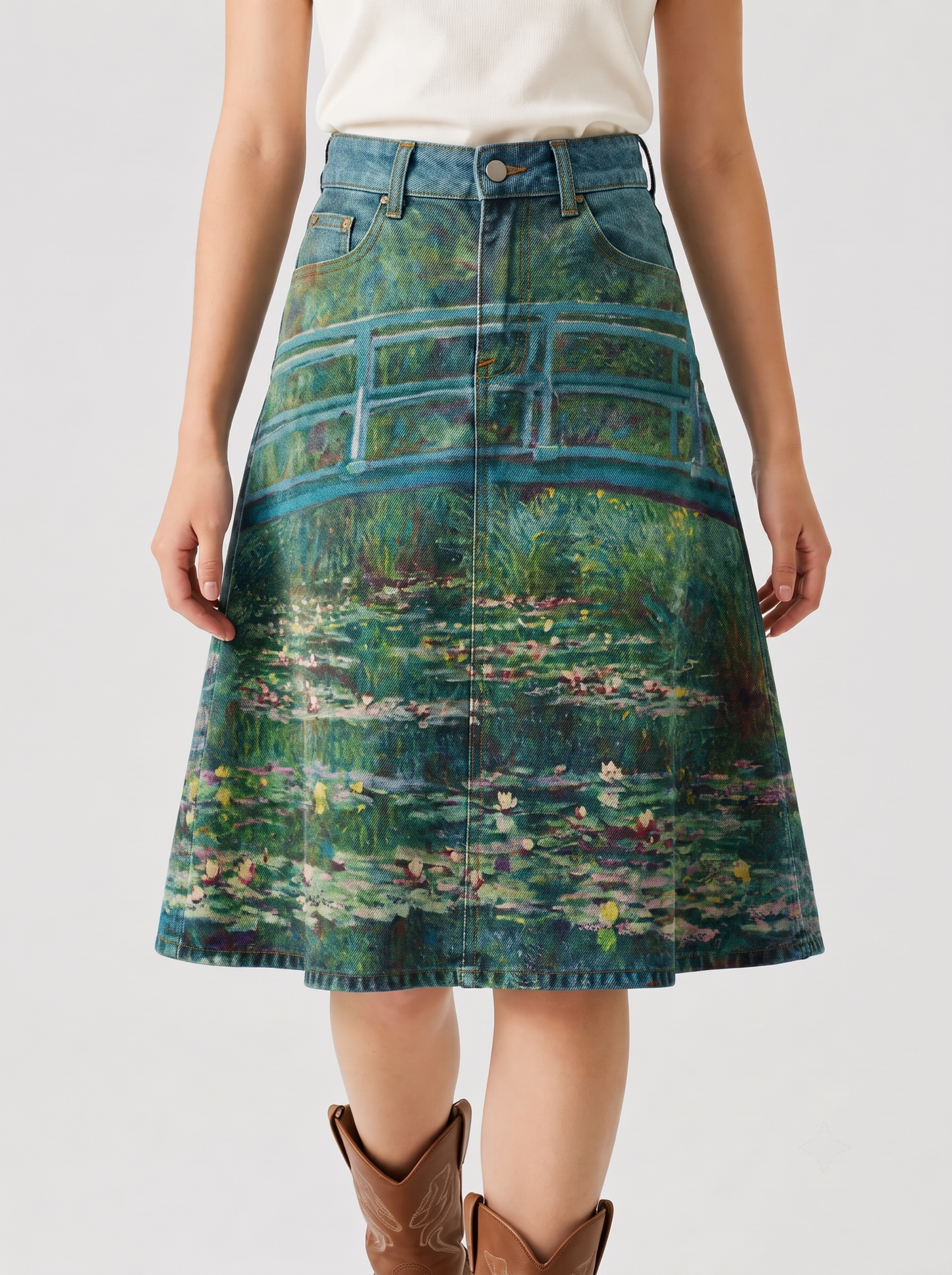 Lariat Lilies RB-SKT03 – Front View – Riley – Medium wash denim with green and blue undertones