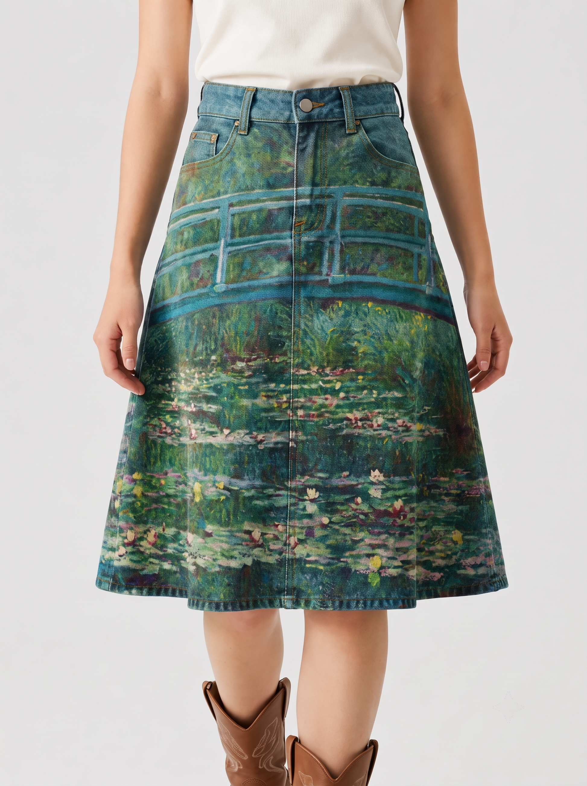 Lariat Lilies RB-SKT03 – Front View – Riley – Medium wash denim with green and blue undertones