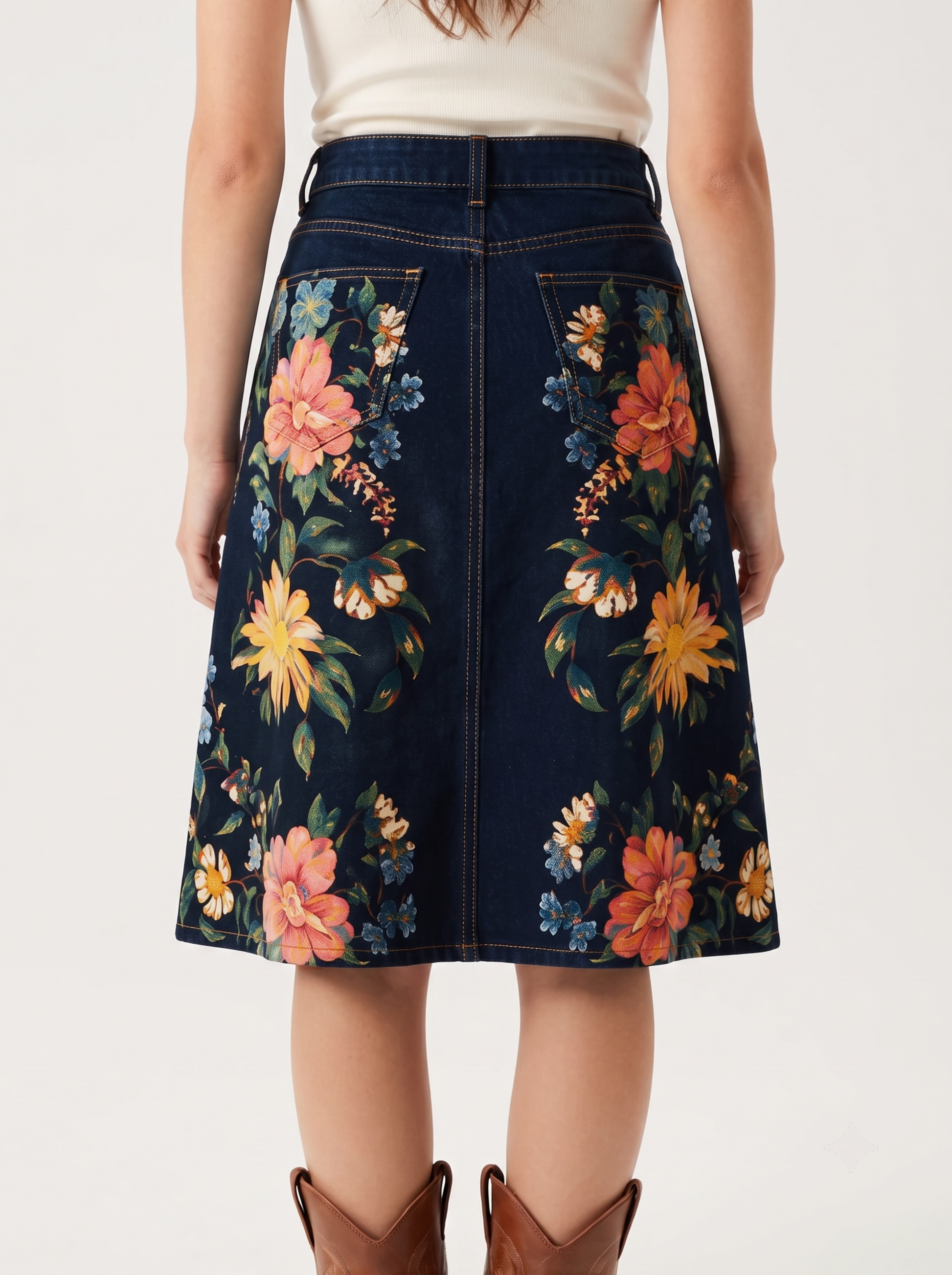 Dark Floral Trail RB-SKT03 – Back View – Riley – dark indigo denim