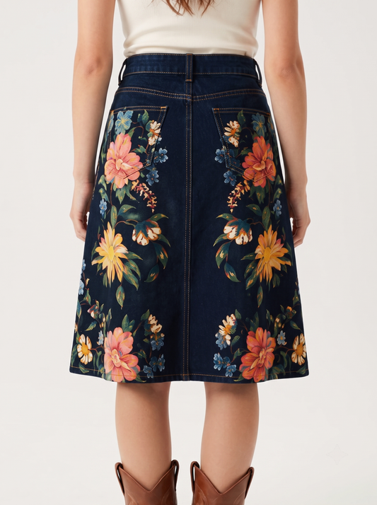 Dark Floral Trail RB-SKT03 – Back View – Riley – dark indigo denim