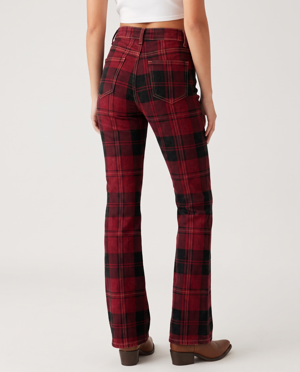 Rustic Plaid Bootcut Jeans – Back View – Riley – Red and Black