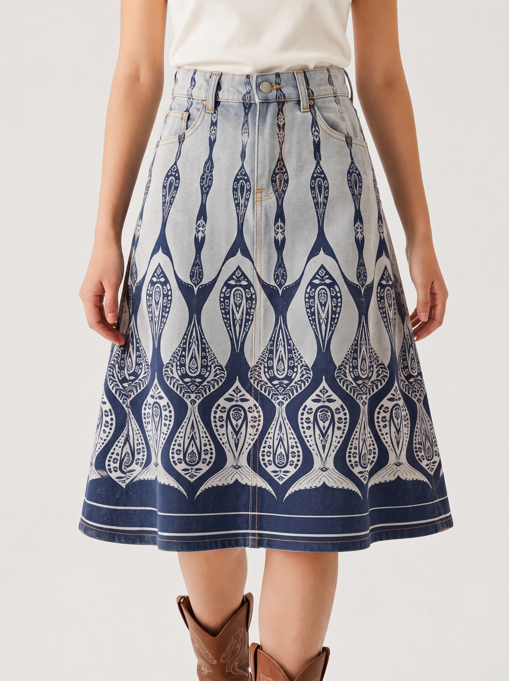 Light Geometric Trail RB-SKT03 – Front View – Riley – light wash denim with navy blue accents