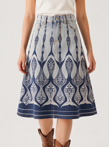 Light Geometric Trail RB-SKT03 – Front View – Riley – light wash denim with navy blue accents