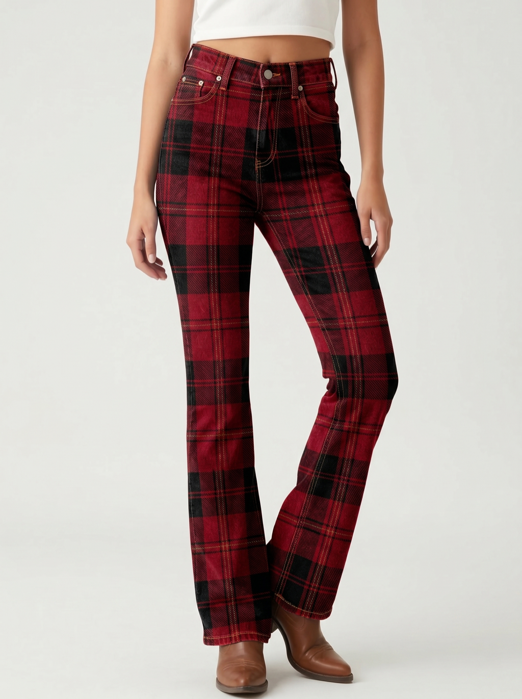 Rustic Plaid Bootcut Jeans – Front View – Riley – Red and Black