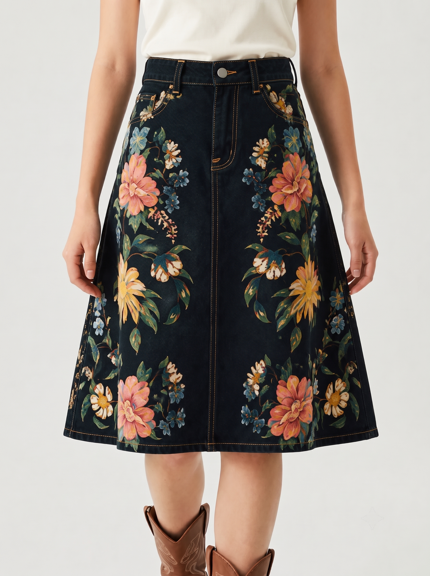 Dark Floral Trail RB-SKT03 – Front View – Riley – dark indigo denim
